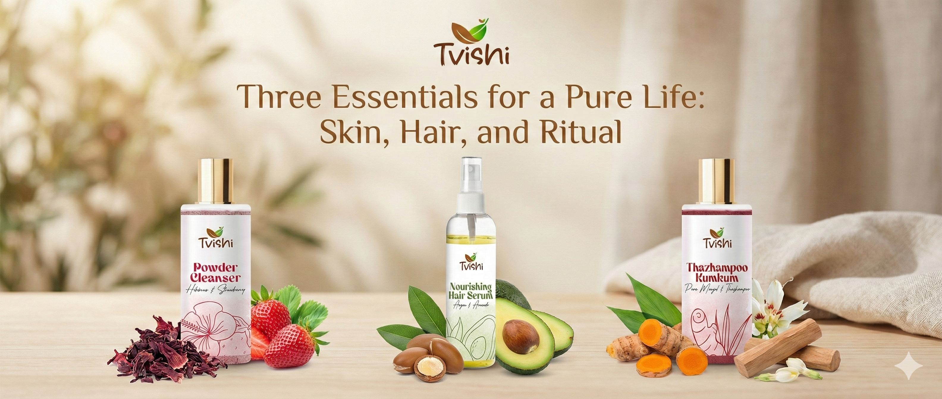 Organic Kumkum, Hair Serum for Frizz Control, and Powder Facial Cleanser