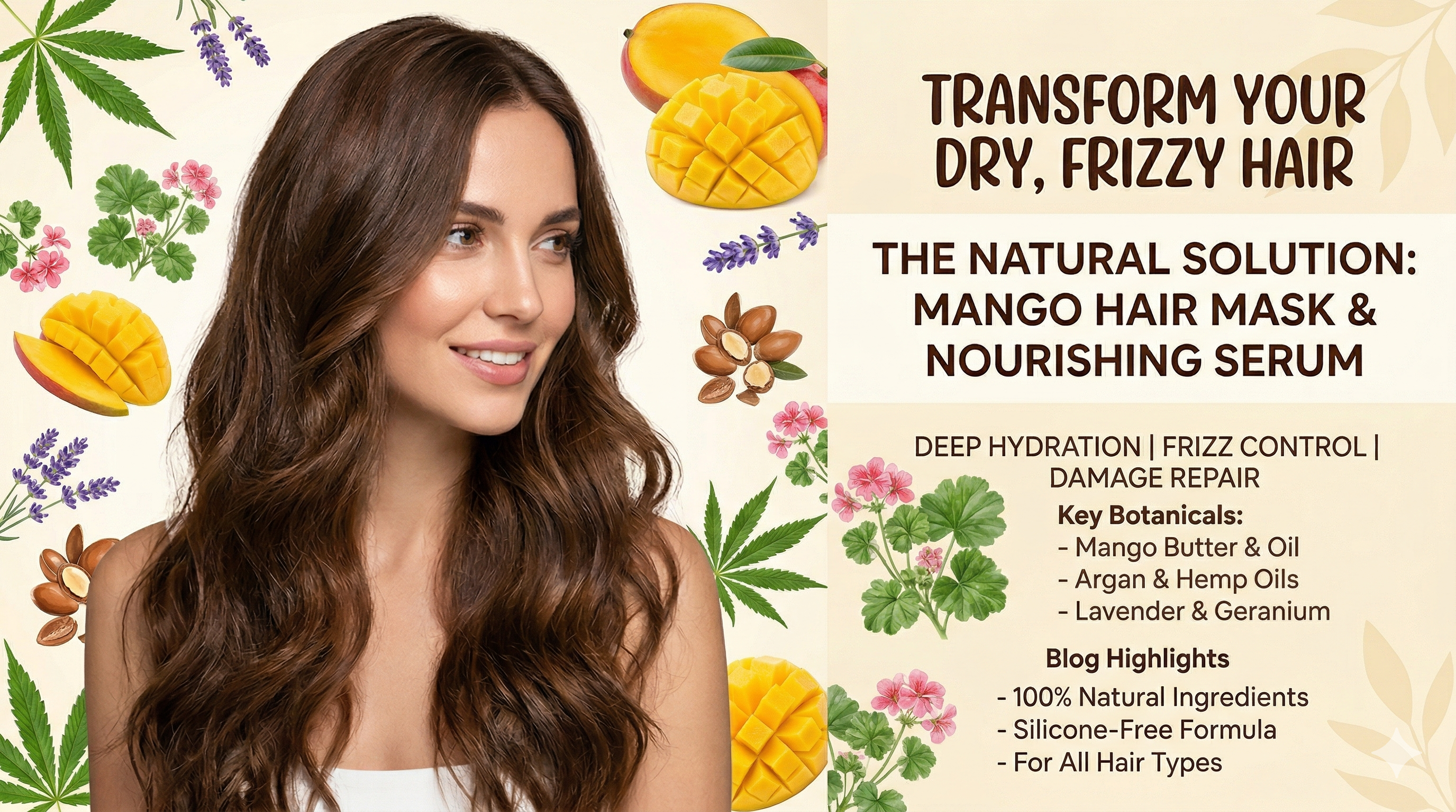 A woman with long, voluminous, and healthy brown hair is the focal point, showcasing the desired "smooth and shiny" results of a good hair care routine.