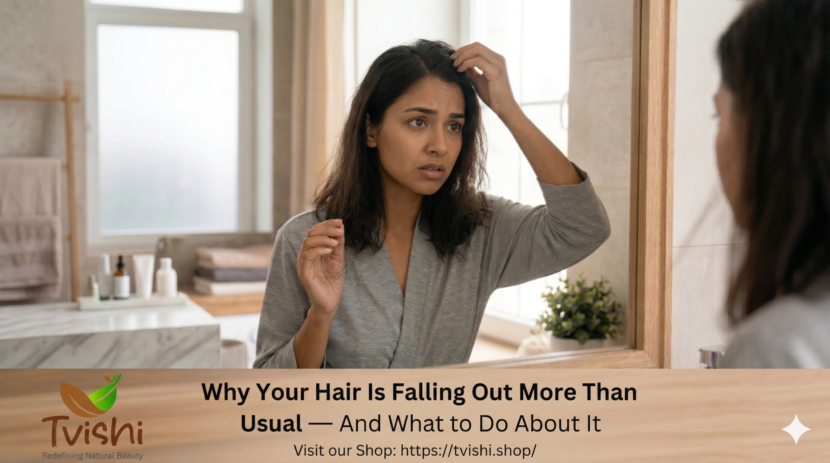 Woman noticing hair fall and looking for a natural hair growth concentrate solution