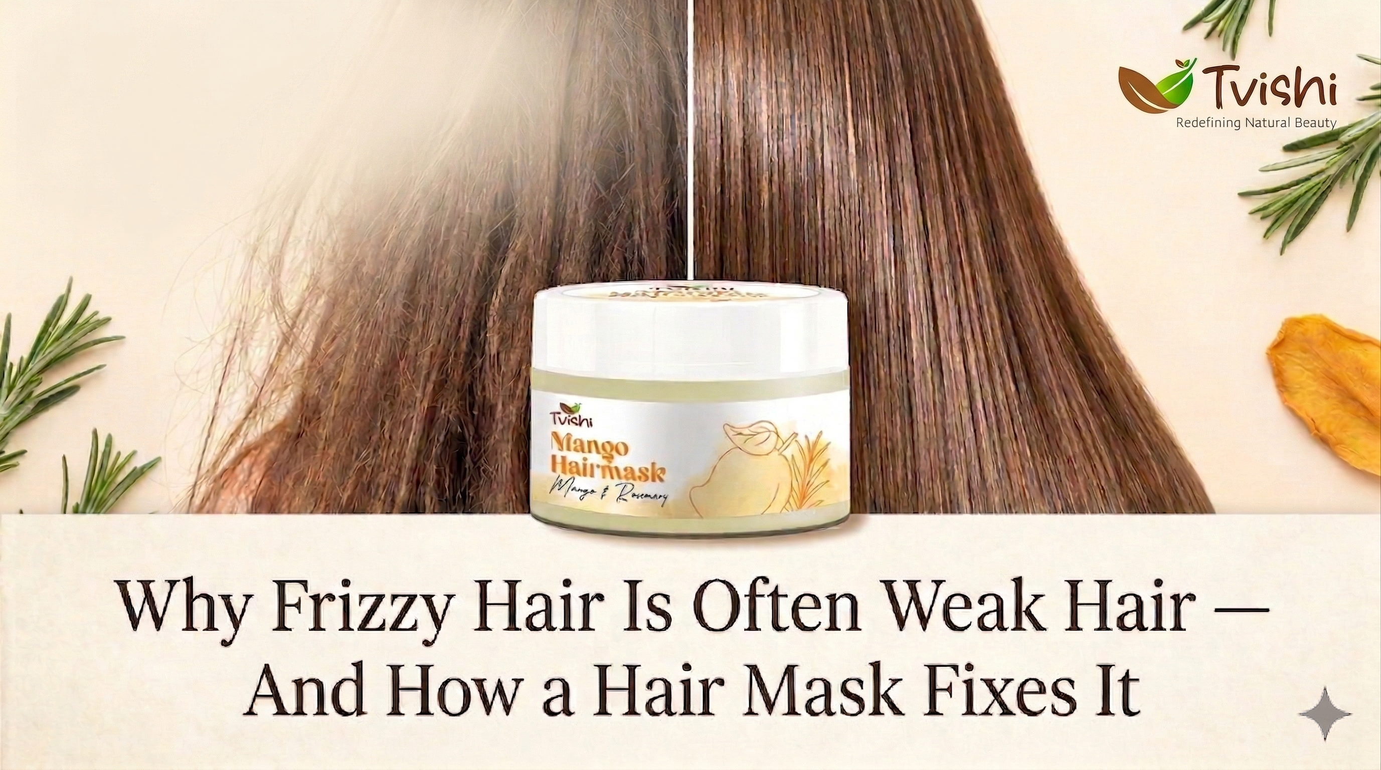 Before and after of frizzy weak hair transformed with Tvishi Mango Hair Mask treatment