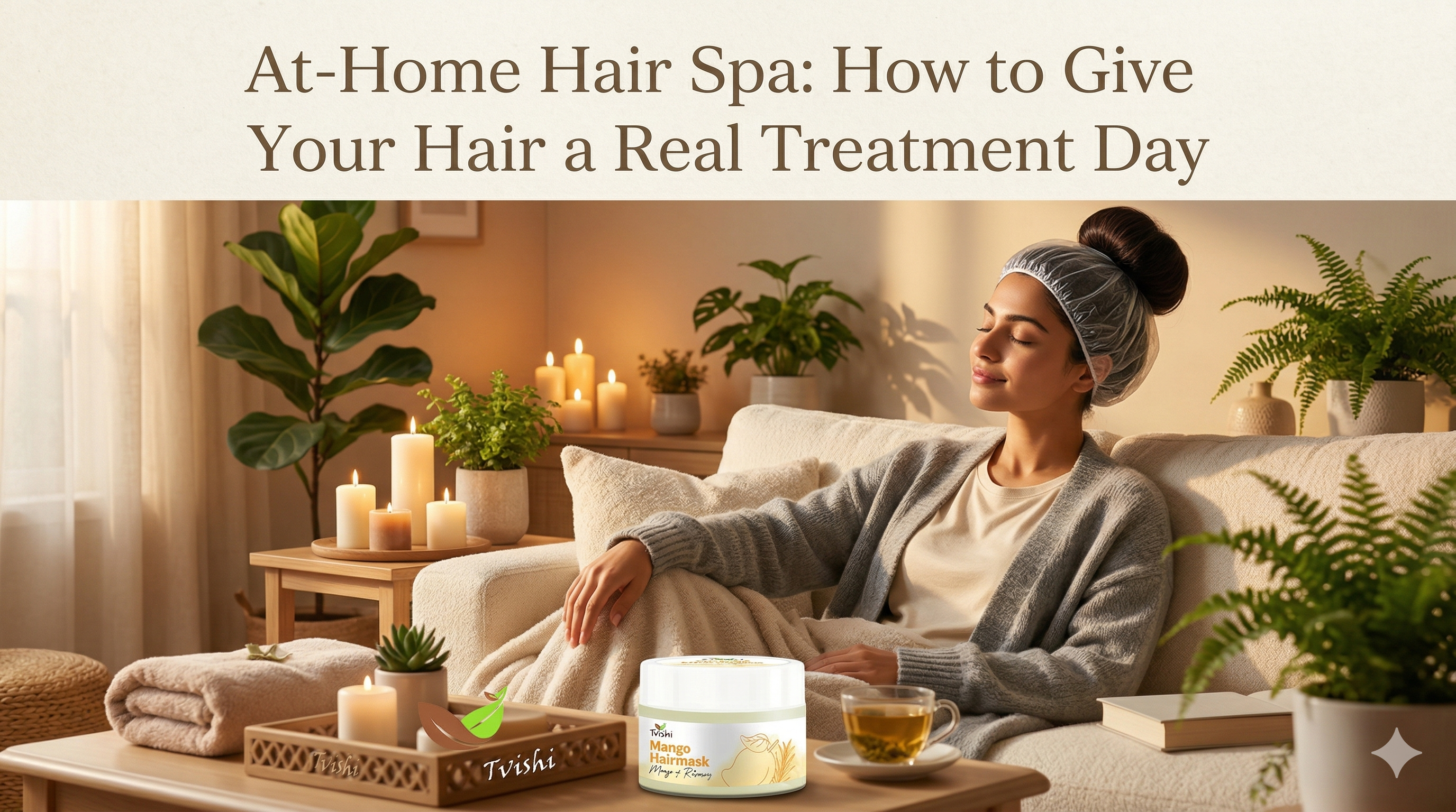 Woman enjoying at-home hair spa with natural Mango Hair Mask for weak and dry hair