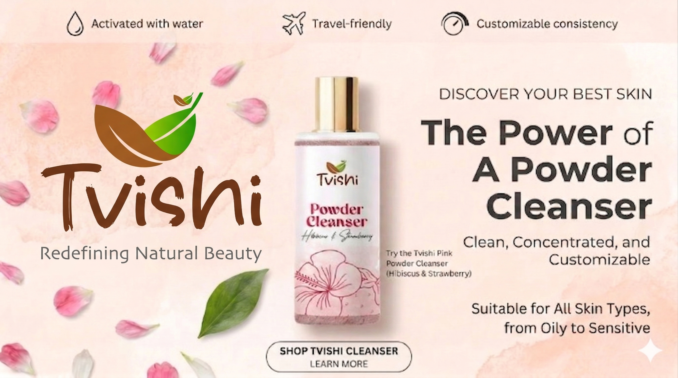 Tvishi powder facial cleanser jar with natural botanicals on marble background