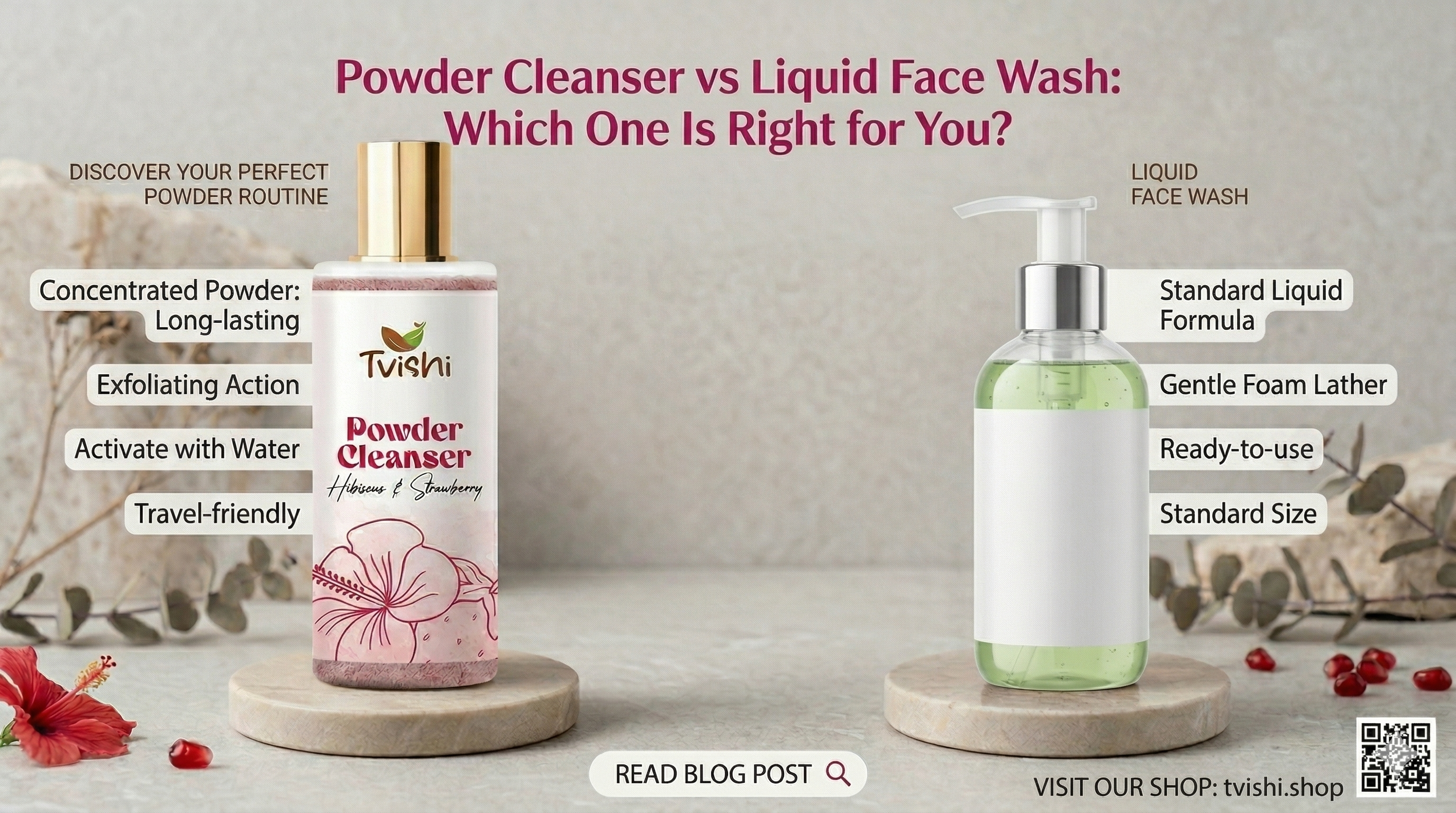 Comparison of powder facial cleanser vs liquid face wash on a stone surface
