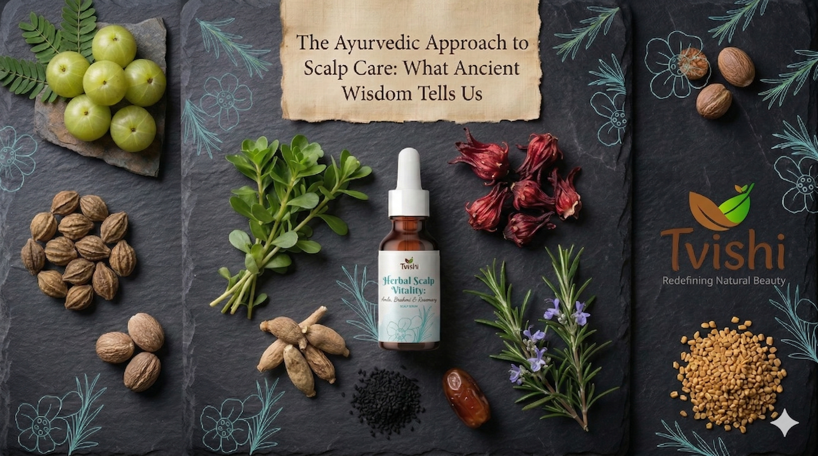 Ayurvedic herbs for scalp care — brahmi, bhringraj, hibiscus, rosemary for hair growth