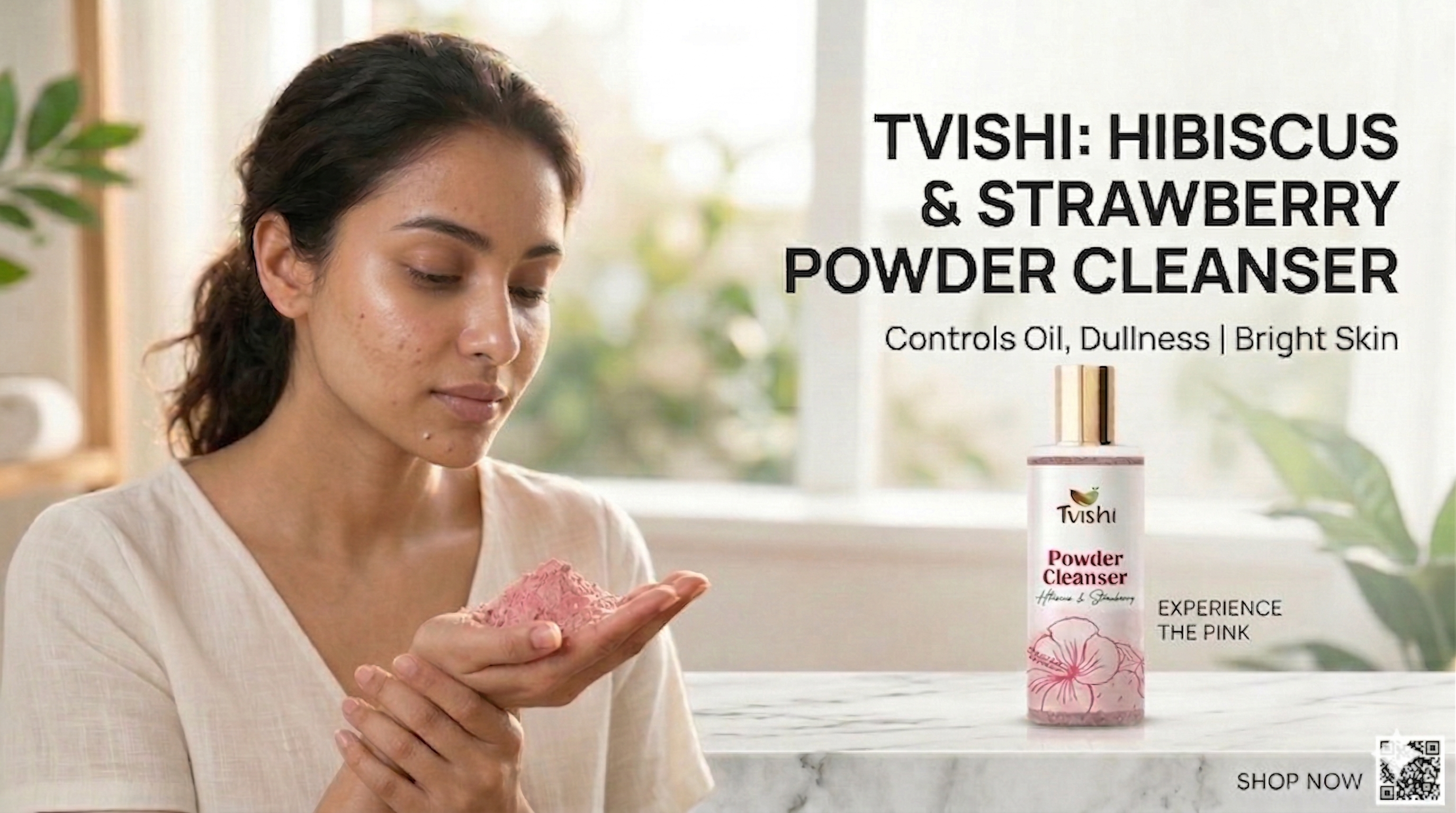 Woman with oily skin using powder facial cleanser for oil control and clear skin