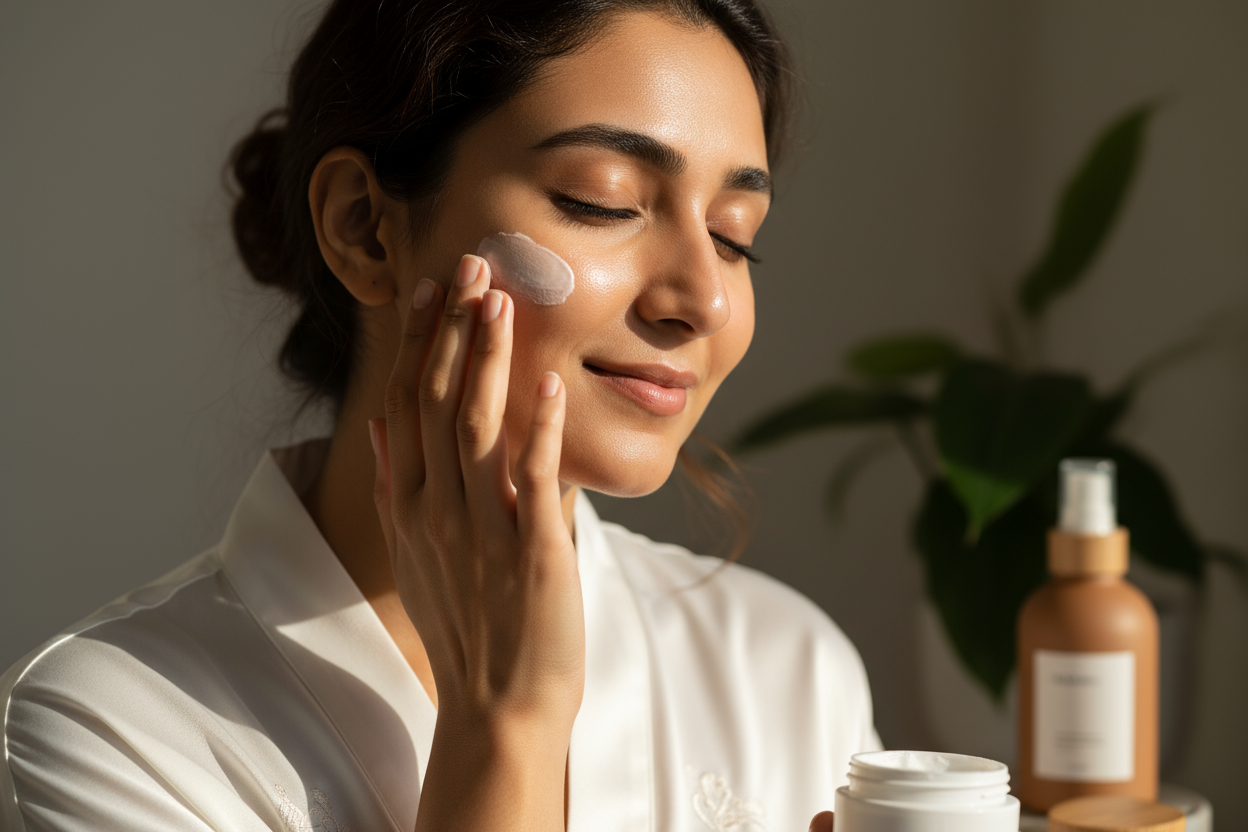 indian woman applying moisturizer on her cheek