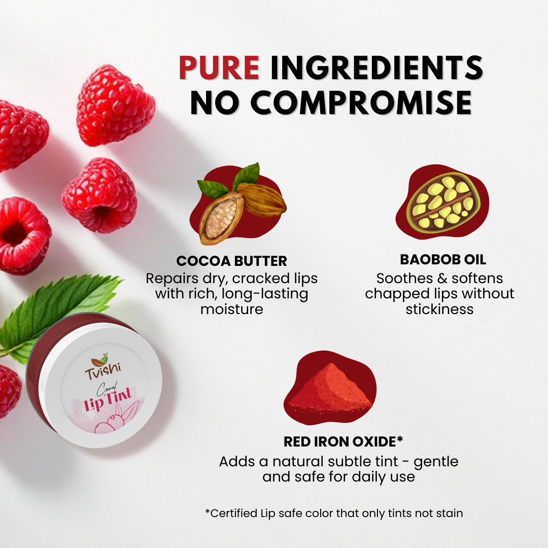 Tinted Lip Balm with nourishing ingredients like Cocoa Butter and Raspberry Seed Oil.