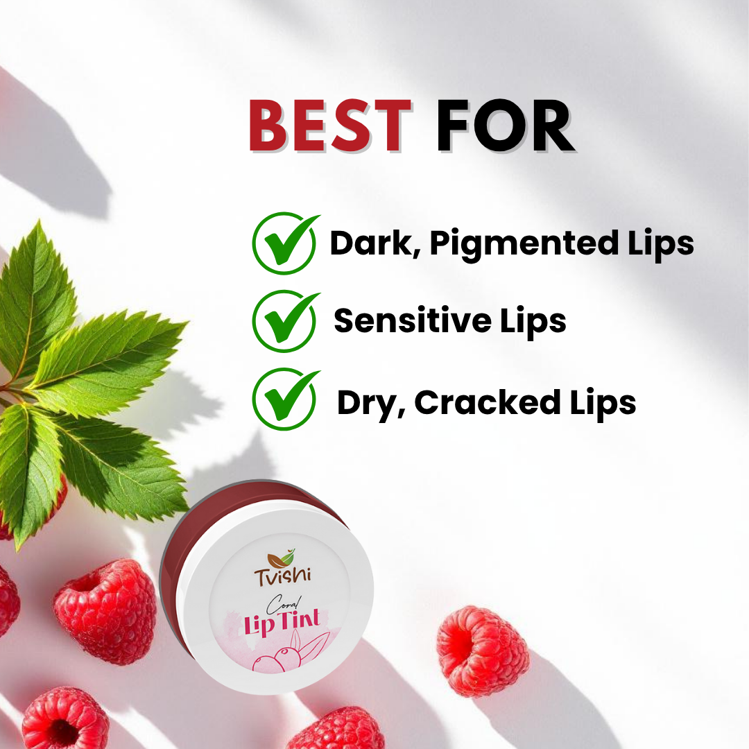 Tvishi Cleanser and Tint product detail — Pink Powder Cleanser removes dirt and oil, Coral Lip Tint hydrates lips with natural colour