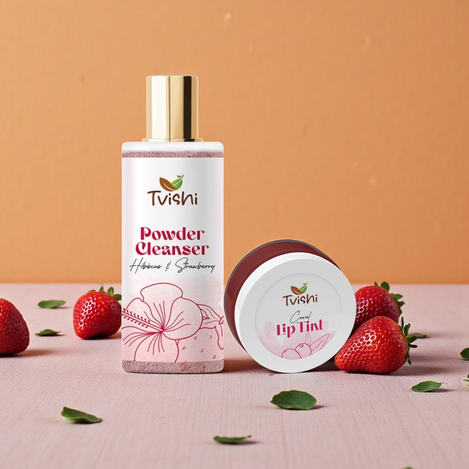 Tvishi Cleanser and Tint combo — Pink Powder Cleanser for clear bright skin and Coral Lip Tint for everyday glow