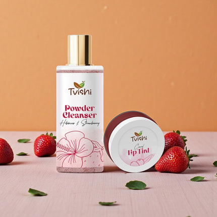 Tvishi Cleanser and Tint combo — Pink Powder Cleanser for clear bright skin and Coral Lip Tint for everyday glow