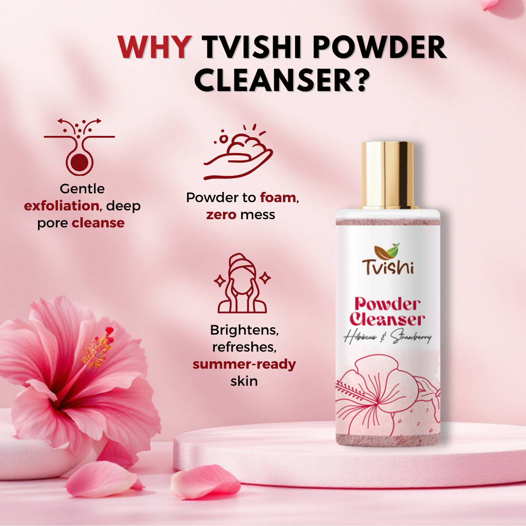 Tvishi Clear Skin Bundle lifestyle — Pink Powder Cleanser for daily cleansing of acne-prone skin