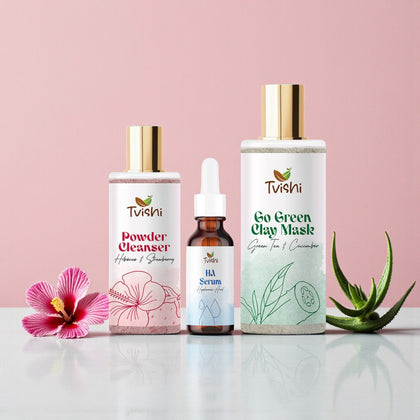 Tvishi Clear Skin Bundle — Pink Powder Cleanser, HA Gel Serum and Go Green Clay Mask combo for acne, blackheads and oily skin.