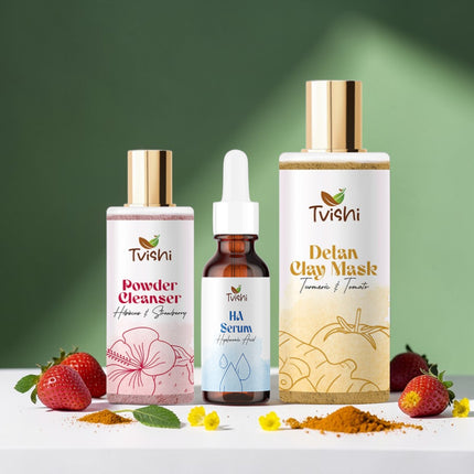 Tvishi Clear Skin Detan Bundle — Pink Powder Cleanser, HA Gel Serum and Detan Clay Mask for tan removal and clear skin