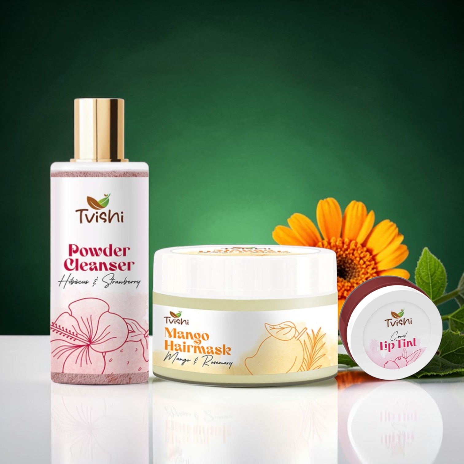 Tvishi Glow Starter Combo — Pink Powder Cleanser for clear skin, Mango Hair Mask for frizzy hair and Coral Lip Tint
