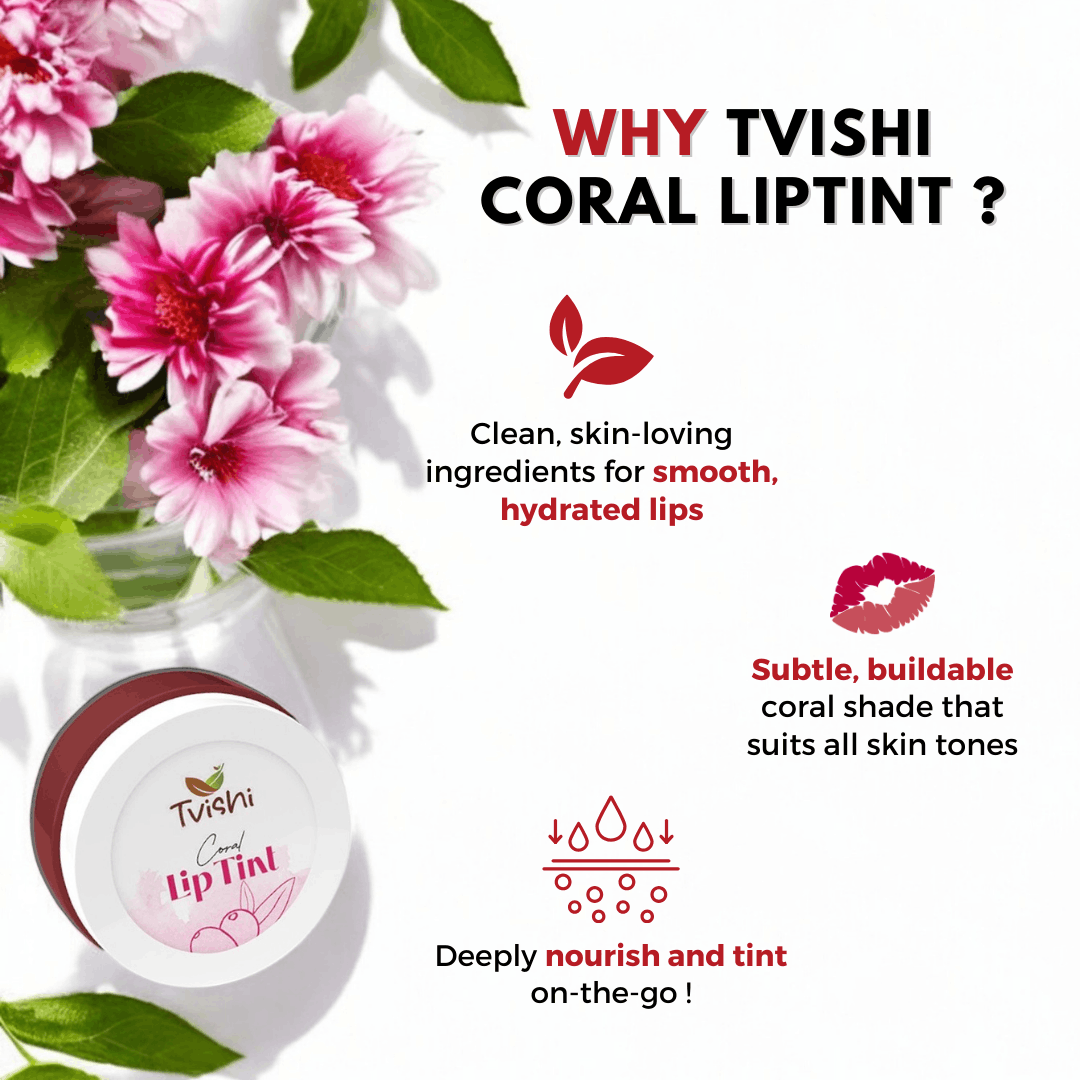 Tvishi Glow Starter Kit how to use — Pink Powder Cleanser daily, Mango Hair Mask conditioning, Coral Lip Tint