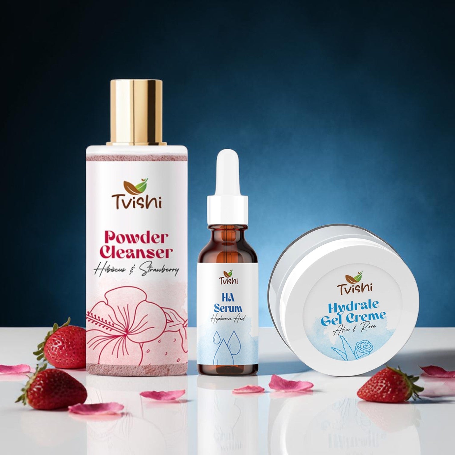 Tvishi Hydrate Skin Bundle — Pink Powder Cleanser, HA Gel Serum and oil-free Hydrate Gel Moisturizer for deep hydration