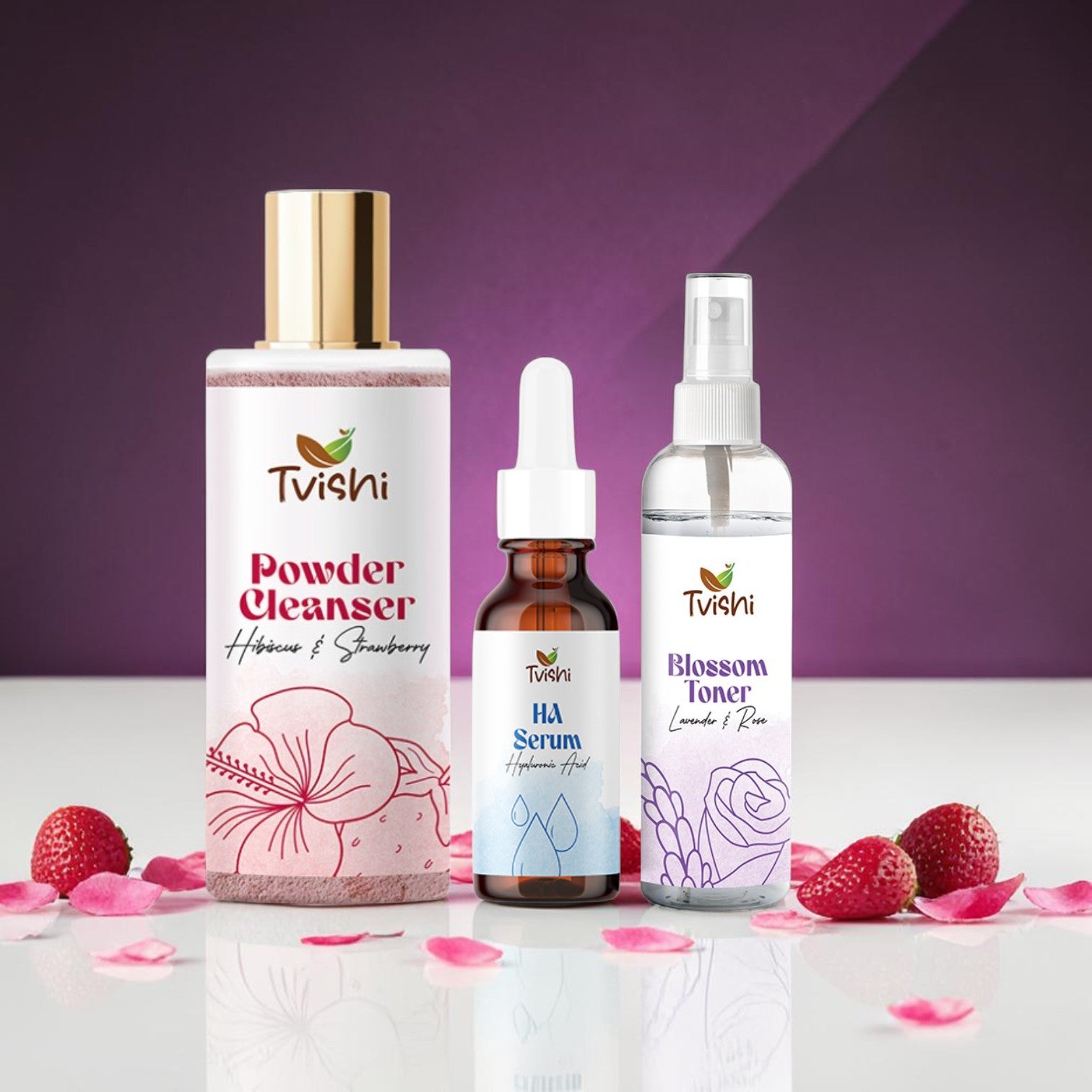 Tvishi Refresh Skin Bundle — Pink Powder Cleanser, HA Gel Serum and Blossom Toner with lavender and rose for refreshed skin
