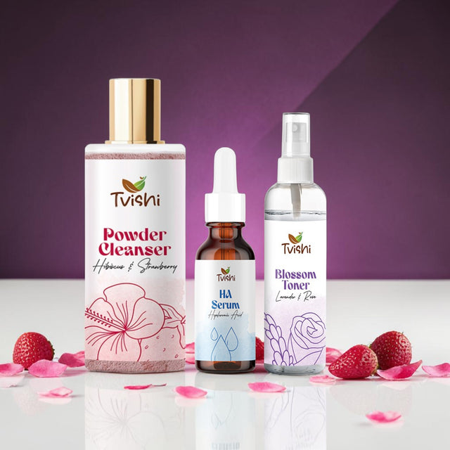Tvishi Refresh Skin Bundle — Pink Powder Cleanser, HA Gel Serum and Blossom Toner with lavender and rose for refreshed skin